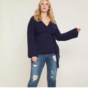 Eloquii Navy Ribbed Wrap Sweater with bell sleeves